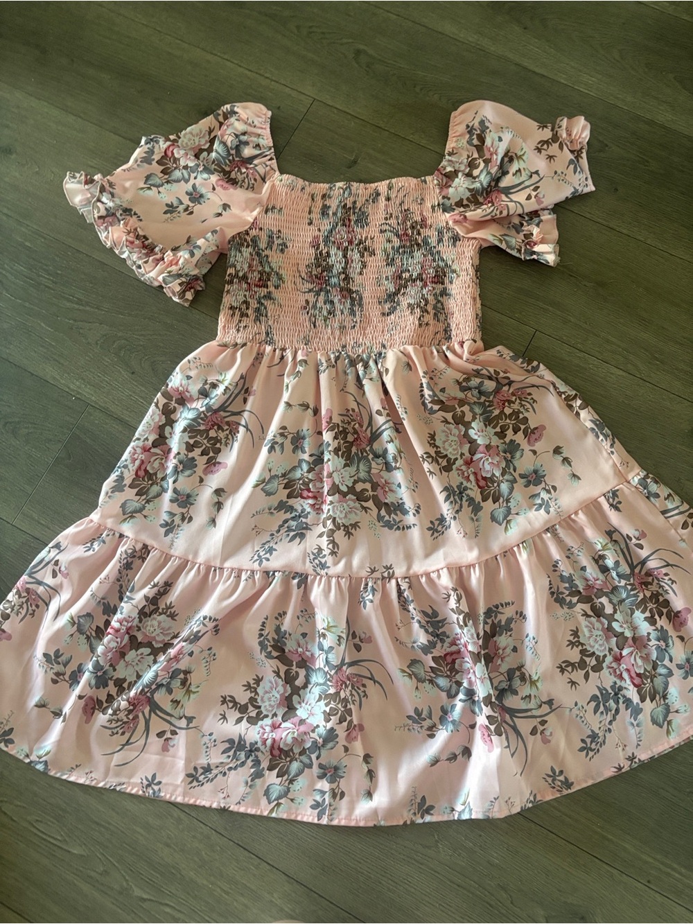 Floral Smocked Puff-Sleeve Casual Dress — Pink